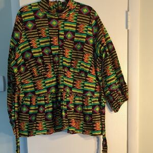 Aiye Long Sleeve Peplum Top (Black/Red/Green Kente)
